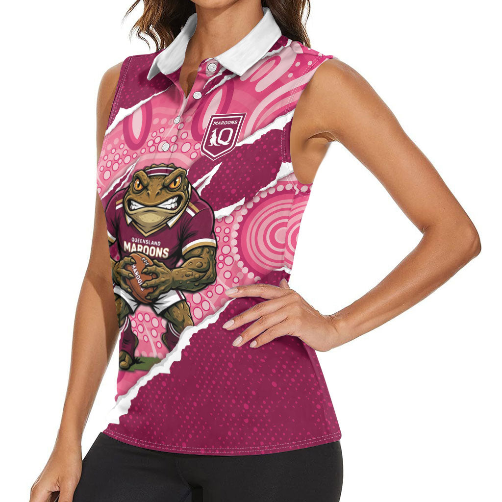 QLD Maroons Rugby Custom Women Sleeveless Polo Shirt Go Cane Toads Sporty Aboriginal Art