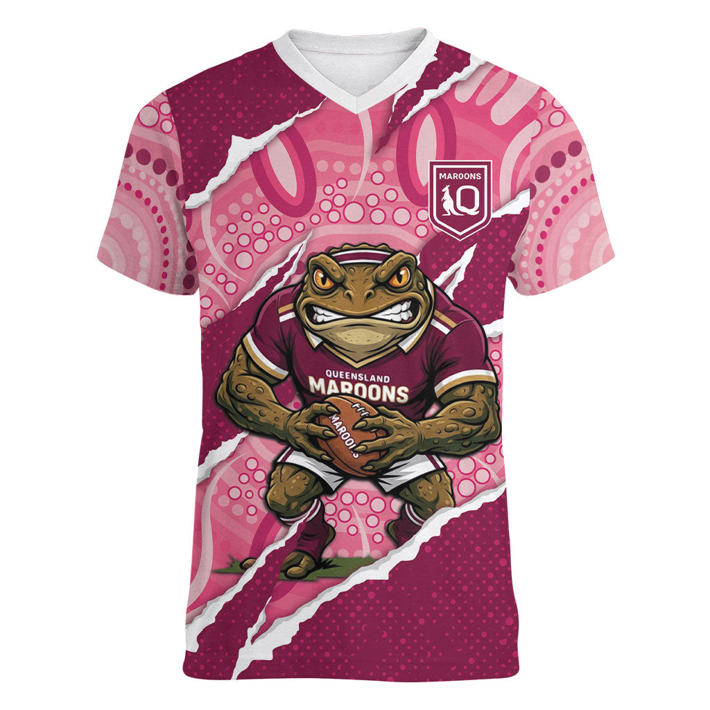 QLD Maroons Rugby Custom Women V-Neck T-Shirt Go Cane Toads Sporty Aboriginal Art