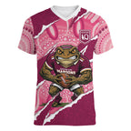 QLD Maroons Rugby Custom Women V-Neck T-Shirt Go Cane Toads Sporty Aboriginal Art