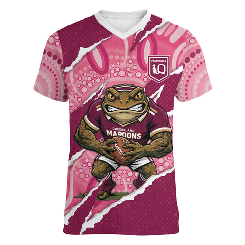 QLD Maroons Rugby Custom Women V-Neck T-Shirt Go Cane Toads Sporty Aboriginal Art