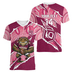 QLD Maroons Rugby Custom Women V-Neck T-Shirt Go Cane Toads Sporty Aboriginal Art