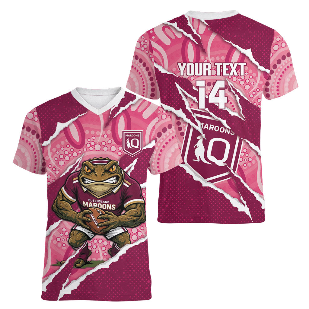 QLD Maroons Rugby Custom Women V-Neck T-Shirt Go Cane Toads Sporty Aboriginal Art