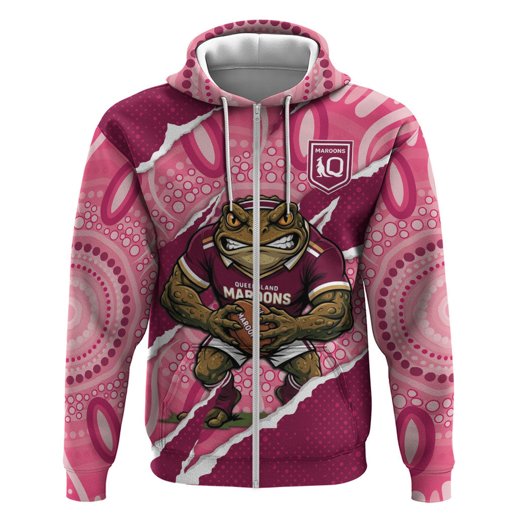 QLD Maroons Rugby Custom Zip Hoodie Go Cane Toads Sporty Aboriginal Art