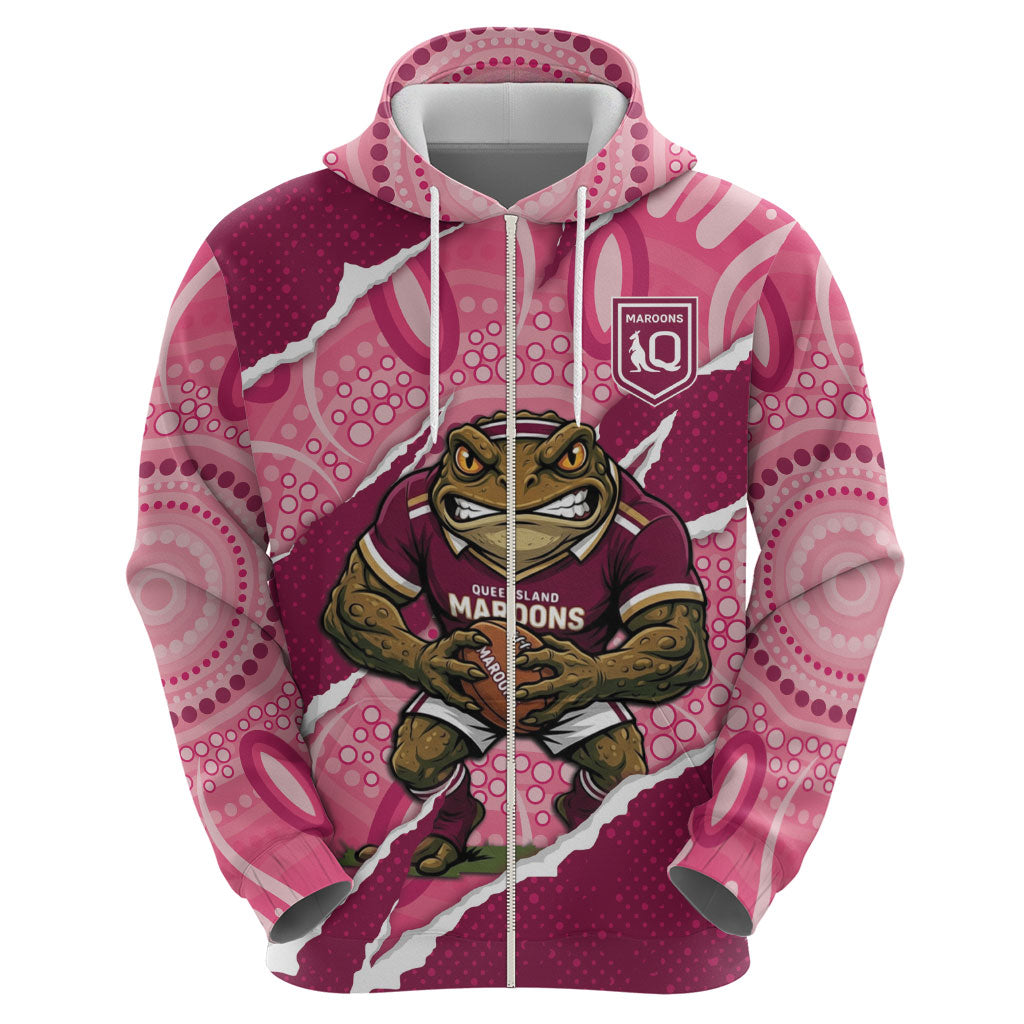 QLD Maroons Rugby Custom Zip Hoodie Go Cane Toads Sporty Aboriginal Art