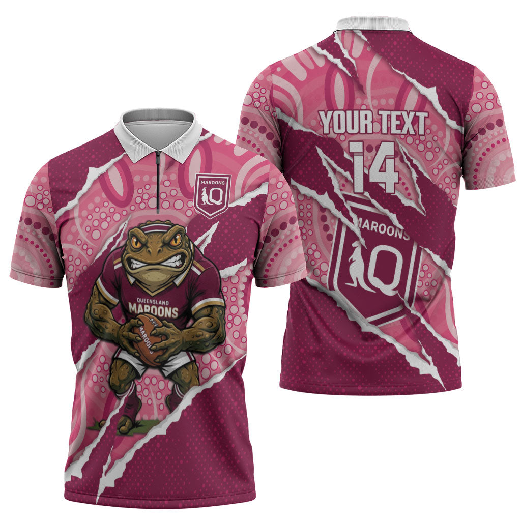 QLD Maroons Rugby Custom Zipper Polo Shirt Go Cane Toads Sporty Aboriginal Art