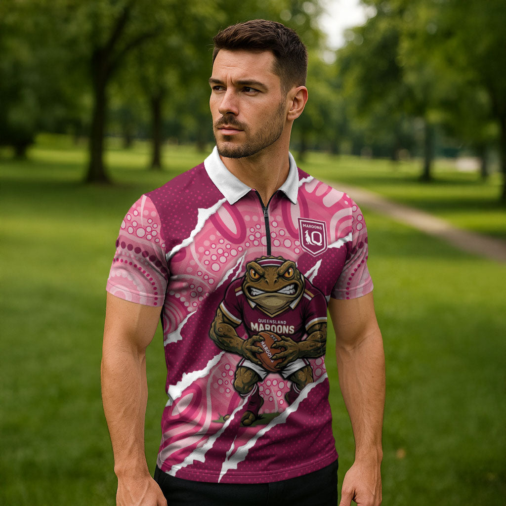 QLD Maroons Rugby Custom Zipper Polo Shirt Go Cane Toads Sporty Aboriginal Art