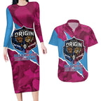 QLD Maroons and NSW Blues Personalised Couples Matching Long Sleeve Bodycon Dress and Hawaiian Shirt Cockroaches Cane Toads Together