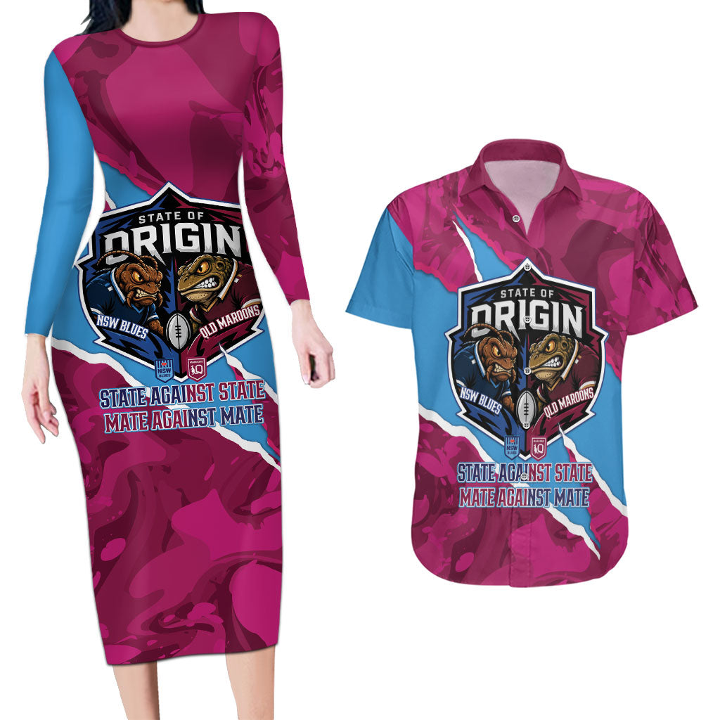 QLD Maroons and NSW Blues Personalised Couples Matching Long Sleeve Bodycon Dress and Hawaiian Shirt Cockroaches Cane Toads Together