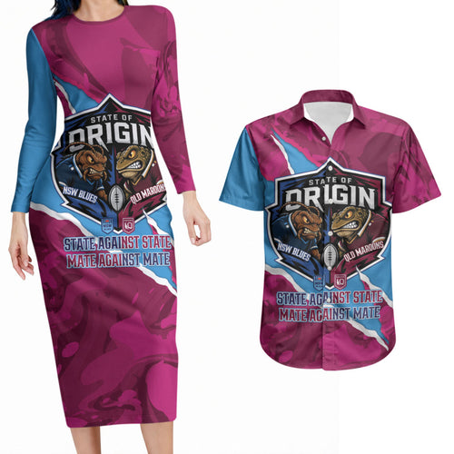 QLD Maroons and NSW Blues Personalised Couples Matching Long Sleeve Bodycon Dress and Hawaiian Shirt Cockroaches Cane Toads Together