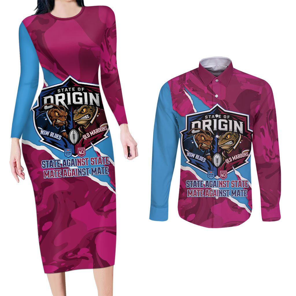 QLD Maroons and NSW Blues Personalised Couples Matching Long Sleeve Bodycon Dress and Long Sleeve Button Shirt Cockroaches Cane Toads Together
