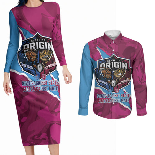 QLD Maroons and NSW Blues Personalised Couples Matching Long Sleeve Bodycon Dress and Long Sleeve Button Shirt Cockroaches Cane Toads Together