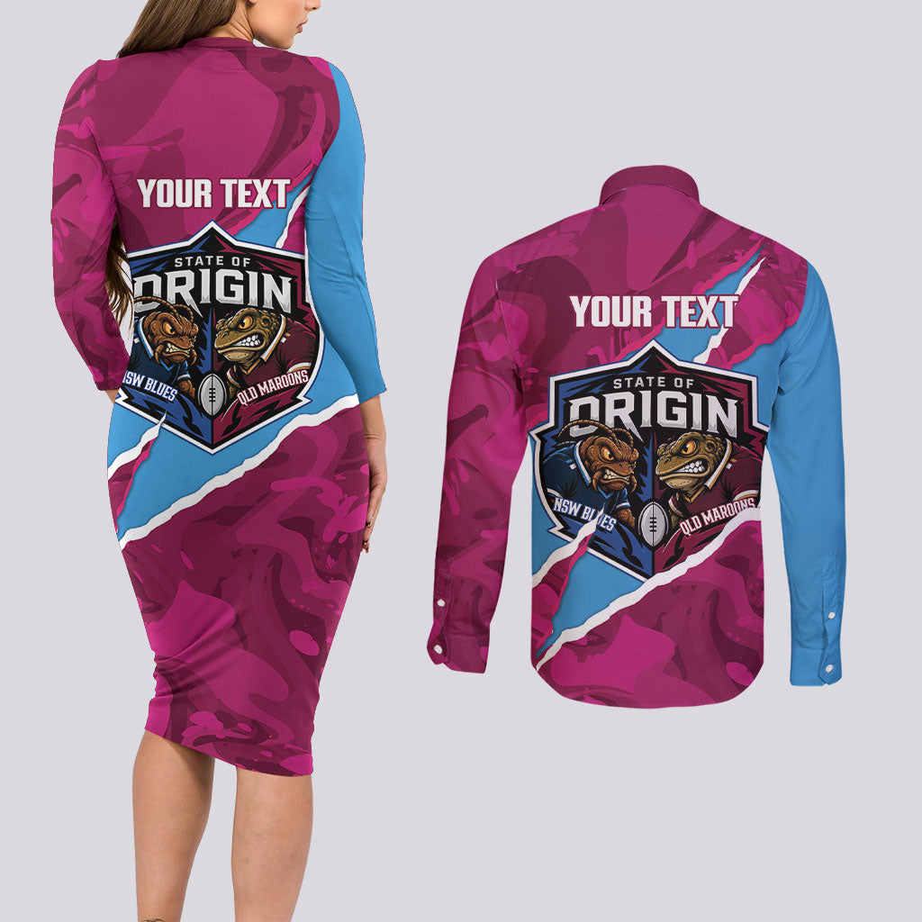 QLD Maroons and NSW Blues Personalised Couples Matching Long Sleeve Bodycon Dress and Long Sleeve Button Shirt Cockroaches Cane Toads Together