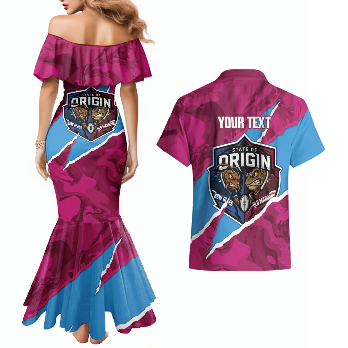 QLD Maroons and NSW Blues Personalised Couples Matching Mermaid Dress and Hawaiian Shirt Cockroaches Cane Toads Together