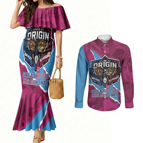 QLD Maroons and NSW Blues Personalised Couples Matching Mermaid Dress and Long Sleeve Button Shirt Cockroaches Cane Toads Together