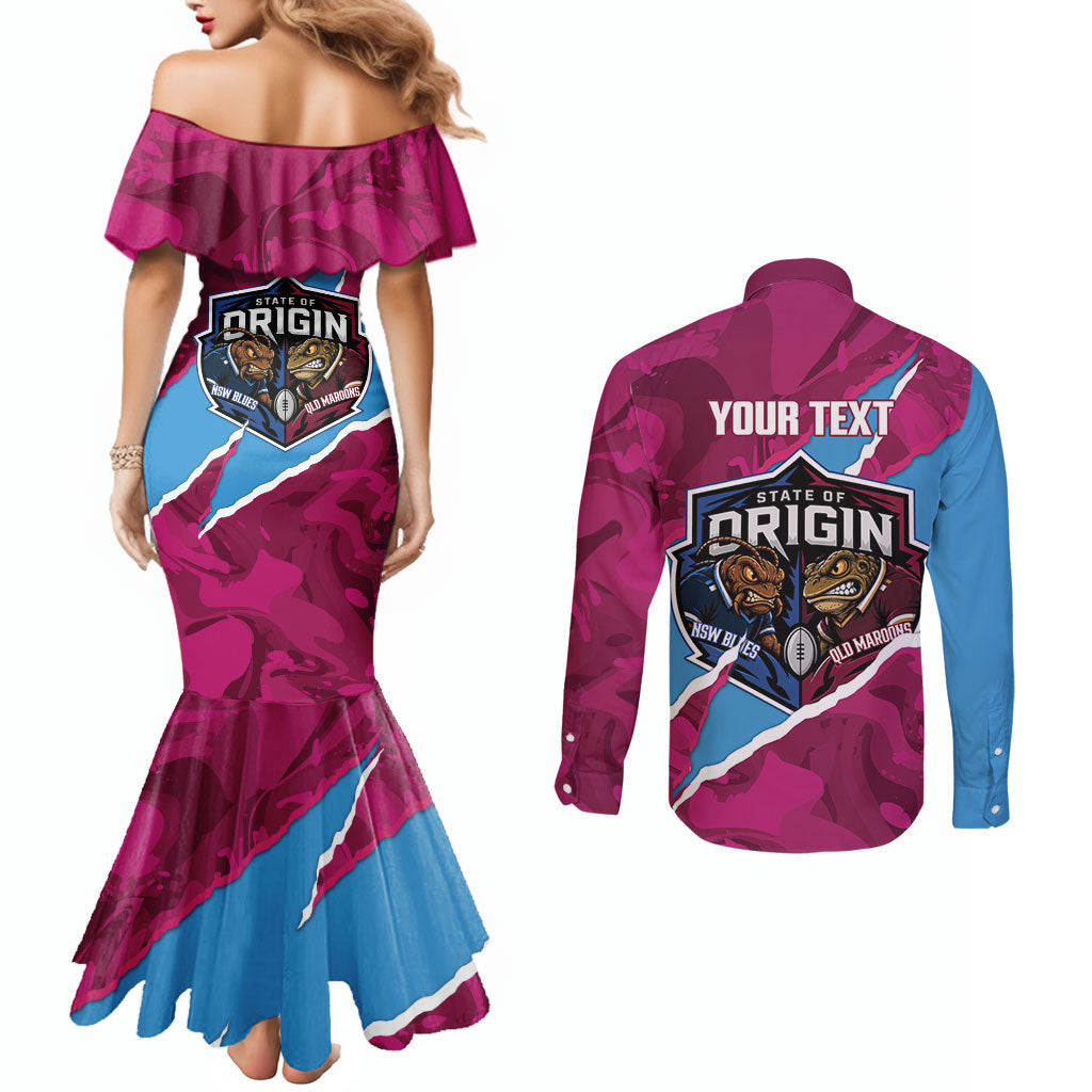 QLD Maroons and NSW Blues Personalised Couples Matching Mermaid Dress and Long Sleeve Button Shirt Cockroaches Cane Toads Together