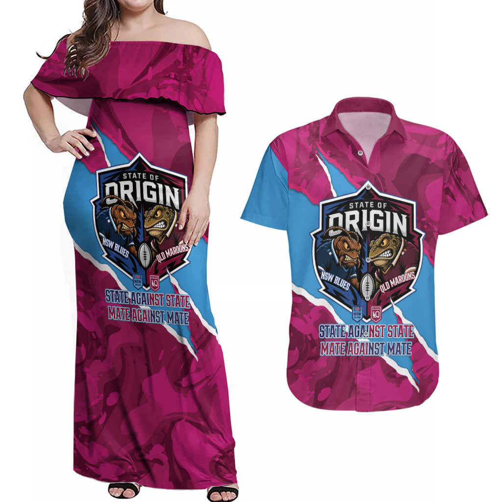 QLD Maroons and NSW Blues Personalised Couples Matching Off Shoulder Maxi Dress and Hawaiian Shirt Cockroaches Cane Toads Together