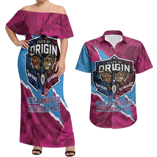 QLD Maroons and NSW Blues Personalised Couples Matching Off Shoulder Maxi Dress and Hawaiian Shirt Cockroaches Cane Toads Together
