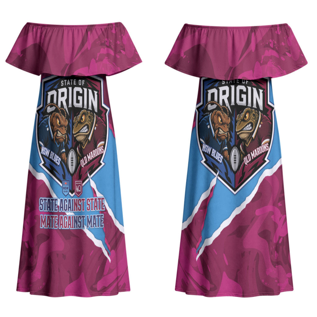 QLD Maroons and NSW Blues Personalised Couples Matching Off Shoulder Maxi Dress and Hawaiian Shirt Cockroaches Cane Toads Together LT14