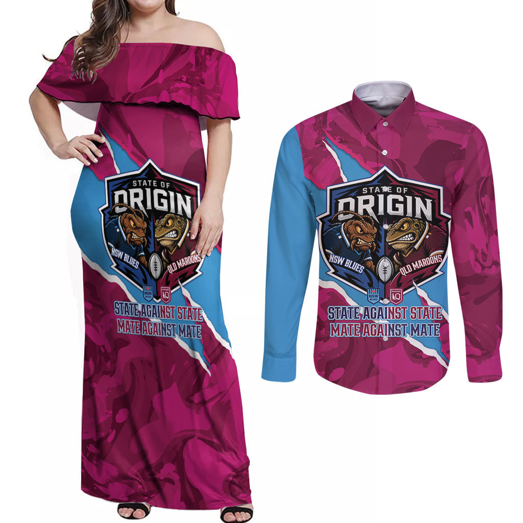 QLD Maroons and NSW Blues Personalised Couples Matching Off Shoulder Maxi Dress and Long Sleeve Button Shirt Cockroaches Cane Toads Together