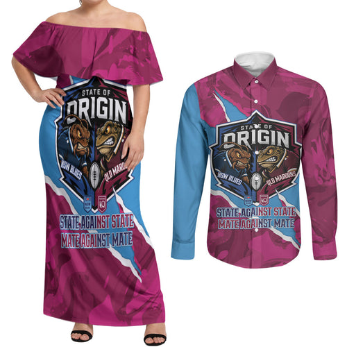 QLD Maroons and NSW Blues Personalised Couples Matching Off Shoulder Maxi Dress and Long Sleeve Button Shirt Cockroaches Cane Toads Together