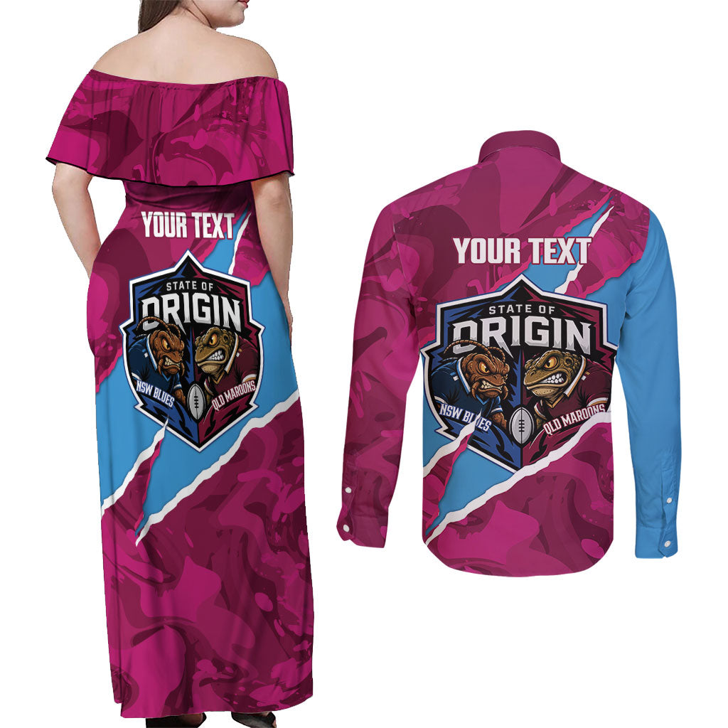 QLD Maroons and NSW Blues Personalised Couples Matching Off Shoulder Maxi Dress and Long Sleeve Button Shirt Cockroaches Cane Toads Together