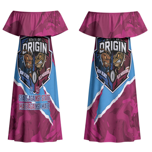 QLD Maroons and NSW Blues Personalised Couples Matching Off Shoulder Maxi Dress and Long Sleeve Button Shirt Cockroaches Cane Toads Together LT14