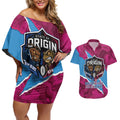 QLD Maroons and NSW Blues Personalised Couples Matching Off Shoulder Short Dress and Hawaiian Shirt Cockroaches Cane Toads Together