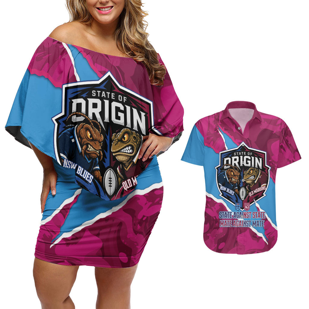 QLD Maroons and NSW Blues Personalised Couples Matching Off Shoulder Short Dress and Hawaiian Shirt Cockroaches Cane Toads Together