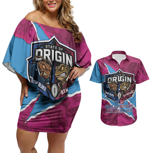 QLD Maroons and NSW Blues Personalised Couples Matching Off Shoulder Short Dress and Hawaiian Shirt Cockroaches Cane Toads Together