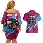 QLD Maroons and NSW Blues Personalised Couples Matching Off Shoulder Short Dress and Hawaiian Shirt Cockroaches Cane Toads Together