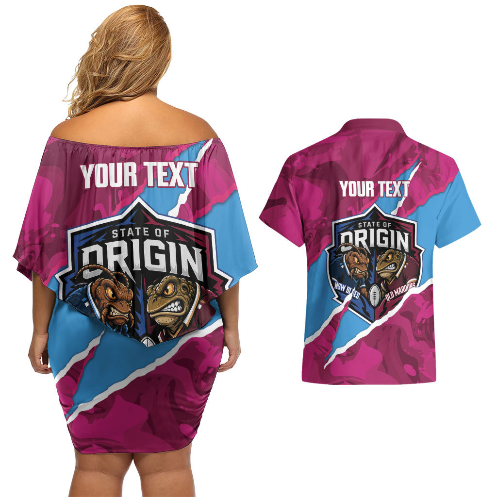 QLD Maroons and NSW Blues Personalised Couples Matching Off Shoulder Short Dress and Hawaiian Shirt Cockroaches Cane Toads Together