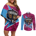 QLD Maroons and NSW Blues Personalised Couples Matching Off Shoulder Short Dress and Long Sleeve Button Shirt Cockroaches Cane Toads Together