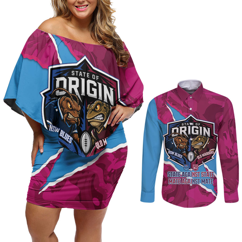 QLD Maroons and NSW Blues Personalised Couples Matching Off Shoulder Short Dress and Long Sleeve Button Shirt Cockroaches Cane Toads Together