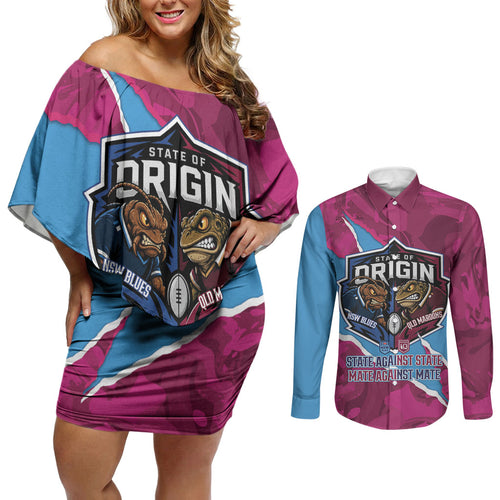 QLD Maroons and NSW Blues Personalised Couples Matching Off Shoulder Short Dress and Long Sleeve Button Shirt Cockroaches Cane Toads Together
