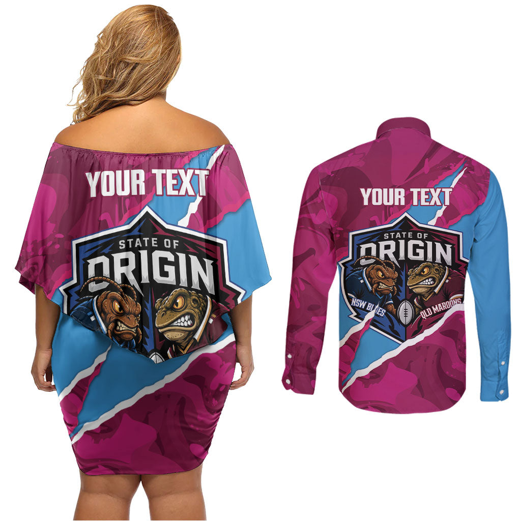 QLD Maroons and NSW Blues Personalised Couples Matching Off Shoulder Short Dress and Long Sleeve Button Shirt Cockroaches Cane Toads Together