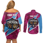 QLD Maroons and NSW Blues Personalised Couples Matching Off Shoulder Short Dress and Long Sleeve Button Shirt Cockroaches Cane Toads Together