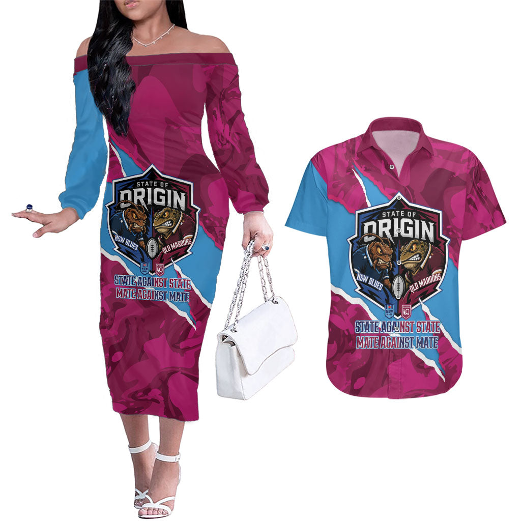 QLD Maroons and NSW Blues Personalised Couples Matching Off The Shoulder Long Sleeve Dress and Hawaiian Shirt Cockroaches Cane Toads Together
