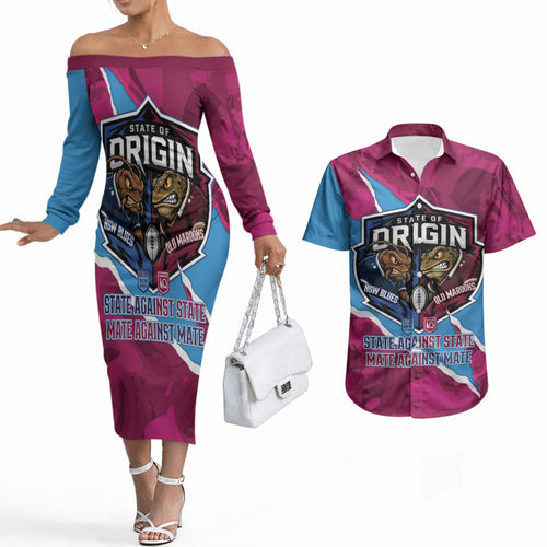 QLD Maroons and NSW Blues Personalised Couples Matching Off The Shoulder Long Sleeve Dress and Hawaiian Shirt Cockroaches Cane Toads Together