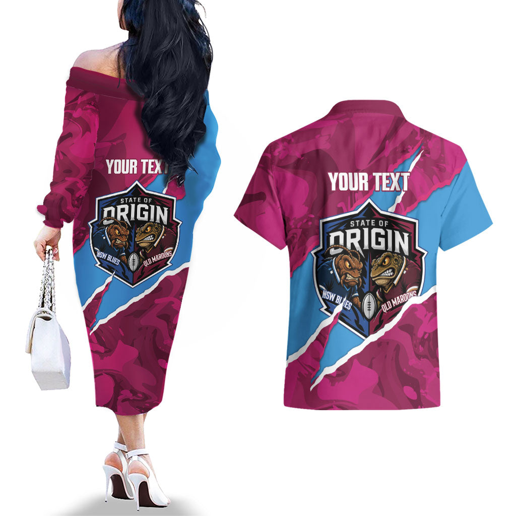 QLD Maroons and NSW Blues Personalised Couples Matching Off The Shoulder Long Sleeve Dress and Hawaiian Shirt Cockroaches Cane Toads Together