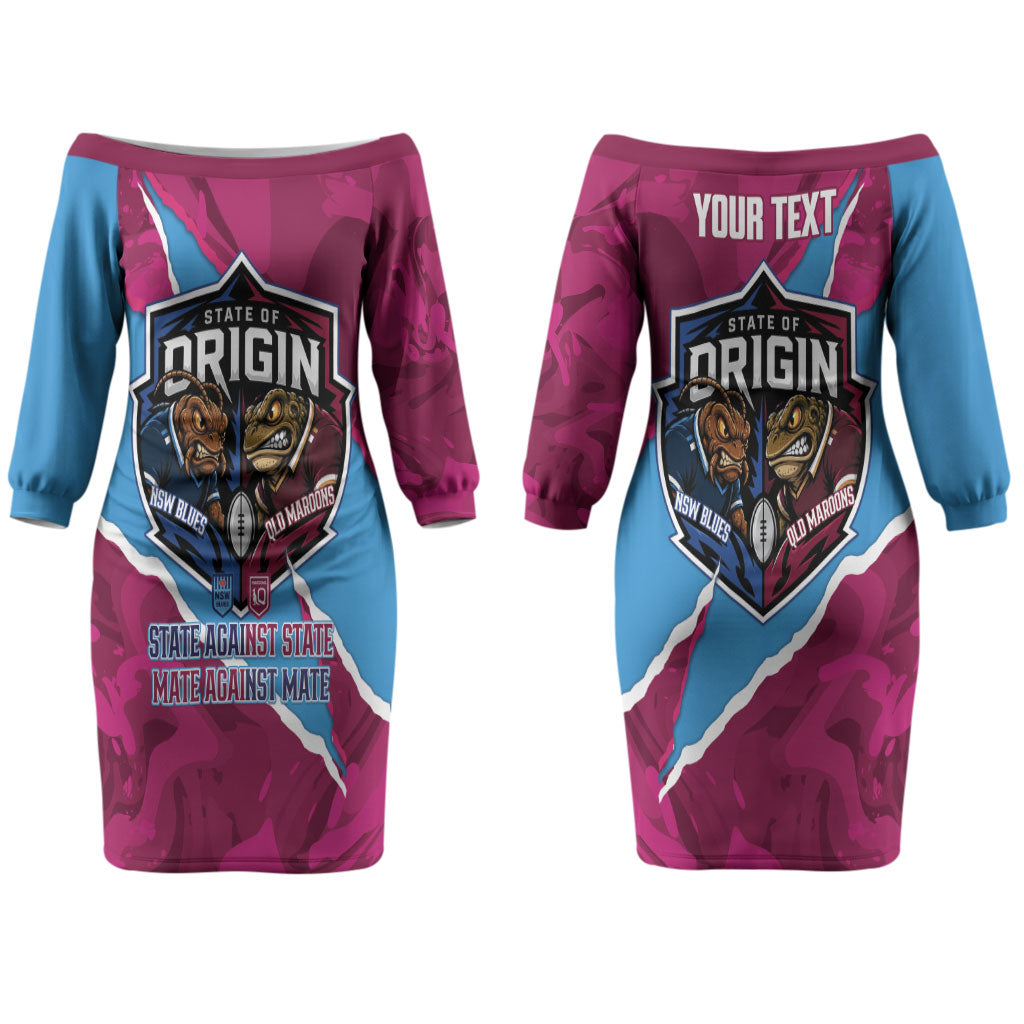 QLD Maroons and NSW Blues Personalised Couples Matching Off The Shoulder Long Sleeve Dress and Hawaiian Shirt Cockroaches Cane Toads Together LT14