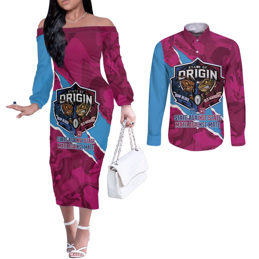 QLD Maroons and NSW Blues Personalised Couples Matching Off The Shoulder Long Sleeve Dress and Long Sleeve Button Shirt Cockroaches Cane Toads Together