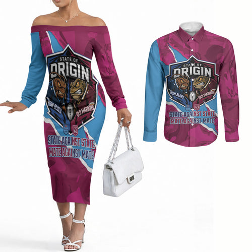 QLD Maroons and NSW Blues Personalised Couples Matching Off The Shoulder Long Sleeve Dress and Long Sleeve Button Shirt Cockroaches Cane Toads Together