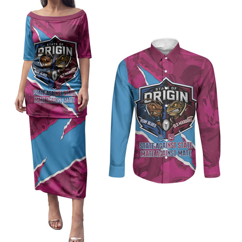 QLD Maroons and NSW Blues Personalised Couples Matching Puletasi and Long Sleeve Button Shirt Cockroaches Cane Toads Together