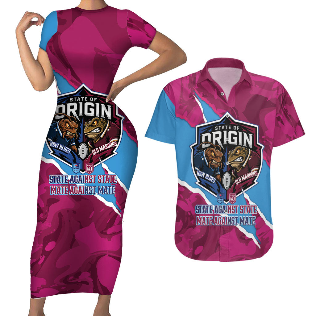 QLD Maroons and NSW Blues Personalised Couples Matching Short Sleeve Bodycon Dress and Hawaiian Shirt Cockroaches Cane Toads Together