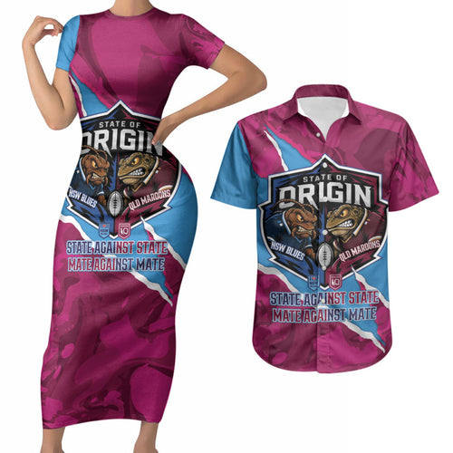 QLD Maroons and NSW Blues Personalised Couples Matching Short Sleeve Bodycon Dress and Hawaiian Shirt Cockroaches Cane Toads Together