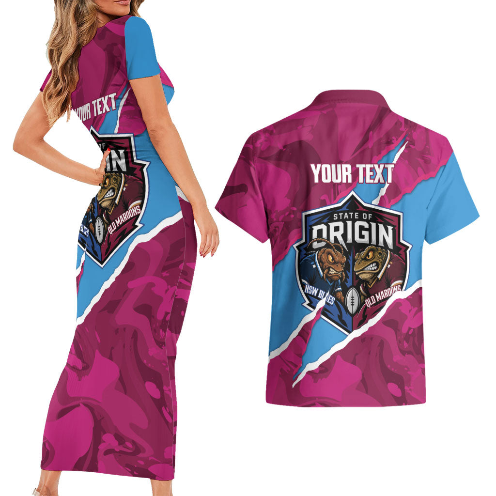 QLD Maroons and NSW Blues Personalised Couples Matching Short Sleeve Bodycon Dress and Hawaiian Shirt Cockroaches Cane Toads Together