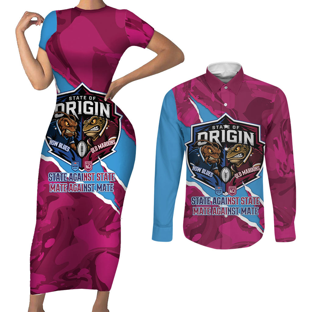 QLD Maroons and NSW Blues Personalised Couples Matching Short Sleeve Bodycon Dress and Long Sleeve Button Shirt Cockroaches Cane Toads Together