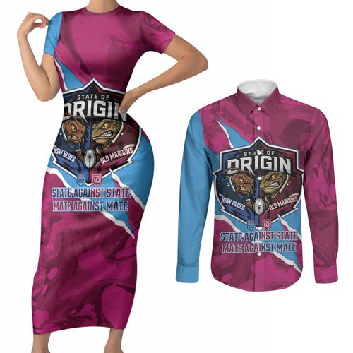 QLD Maroons and NSW Blues Personalised Couples Matching Short Sleeve Bodycon Dress and Long Sleeve Button Shirt Cockroaches Cane Toads Together