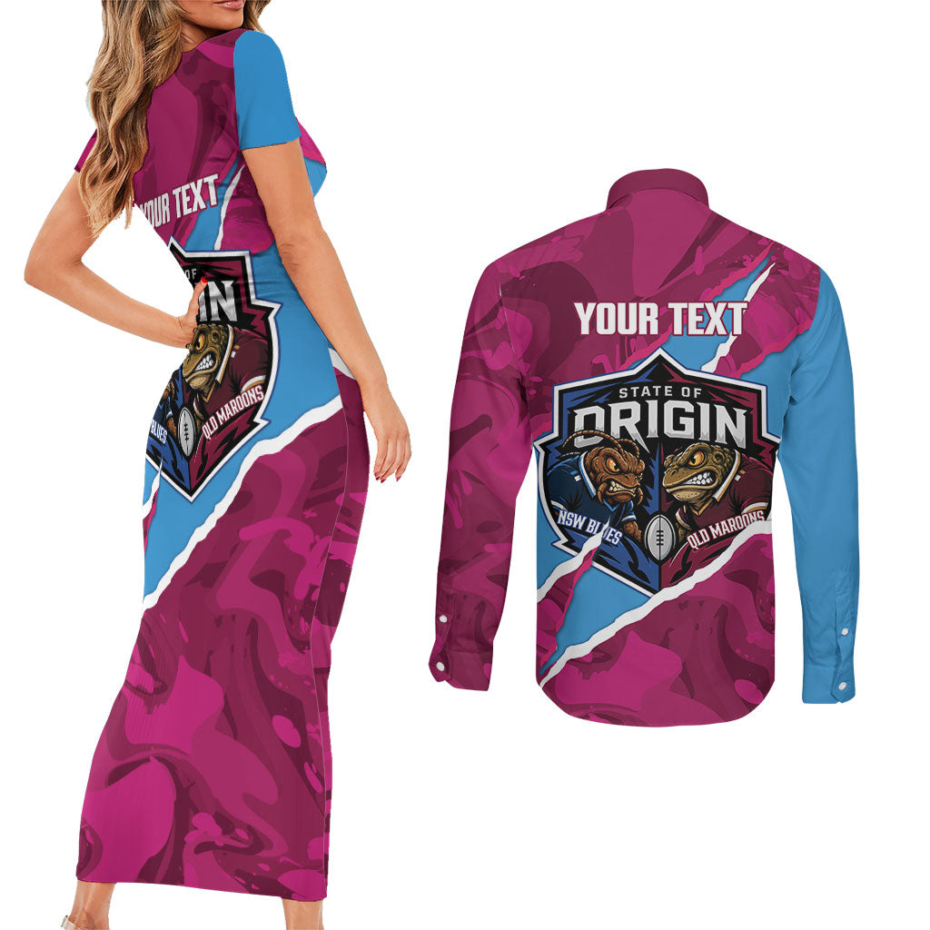 QLD Maroons and NSW Blues Personalised Couples Matching Short Sleeve Bodycon Dress and Long Sleeve Button Shirt Cockroaches Cane Toads Together