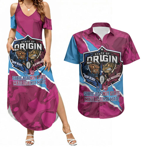 QLD Maroons and NSW Blues Personalised Couples Matching Summer Maxi Dress and Hawaiian Shirt Cockroaches Cane Toads Together